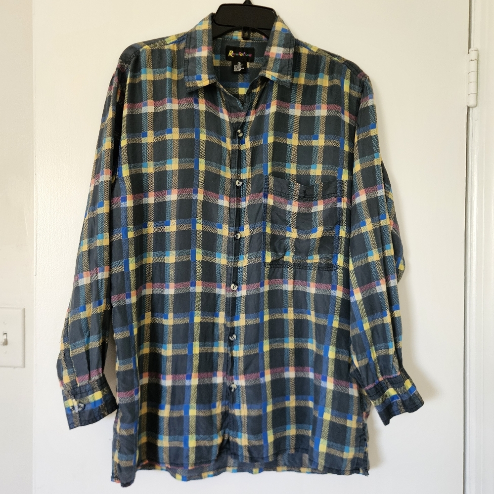 Reputation Mens Shirt S 100% Silk Vtg Plaid 90s Retro Grunge Lightweight Color